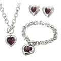 Three-piece stainless steel jewelry set with dark red heart gems and OT buckles - Silver 3-Piece Set - Dark Red Gem (KS52471-Z)