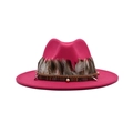 Rose red wide brim fedora hat featuring ethnic ribbon and feather decoration details - M (56-58cm) / Rose Red