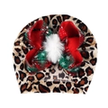Leopard print baby turban hat with festive red and green bow and white pom pom - Leopard Print