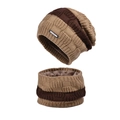 Winter knitted hat and scarf set in coffee brown with thick fleece lining and grid pattern - Khaki