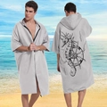 Gray hooded quick-dry beach changing robe with seahorse print and front zipper closure - One Size / Zipper Style - Grey Seahorse