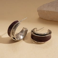 Detail of silver C-shaped double-layer hoop earrings with deep burgundy enamel inlay - Silver (Red Enamel)