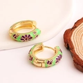 Golden hoop earrings with green enamel and purple floral patterns for women - Green