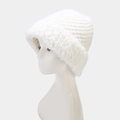 Winter white knit beanie hat with faux fox fur trim and double pompoms for women - Plain / White