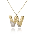 Detail of two-tone gold and silver letter W pendant with hammered texture and chain - Letter W