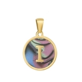 Pendentif en acier titane doré 18k avec lettre I et motif goutte d'huile colorée sur fond - I-Coquille Multicolore