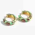 Detail of gold huggie earrings with mint green enamel and purple floral patterns - Green