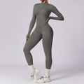 Dark gray long sleeve yoga jumpsuit with high elasticity and front zipper detail - Marl Grey