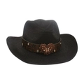 Black woven straw cowboy hat featuring a brown embossed band with a crystal heart buckle - Black