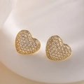 18K gold-plated heart stud earrings with cubic zirconia on white silk background - Gold/Heart Style