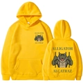 Bright yellow Alligator Alcatraz hoodie with front and back cartoon graphic prints - Yellow