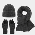 Macro view of thick dark grey knit scarf and touchscreen gloves with soft texture - Dark Gray