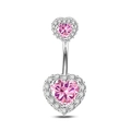 Silver double heart belly button ring with pink heart crystals and clear zircon accents - Pink Zirconia