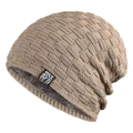 Thick khaki knit beanie with fleece lining and tiger patch for winter warmth - Khaki