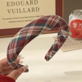 Elegant thick headband with vintage red tartan plaid pattern for a retro look - Red Blue Beige Plaid