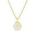 Detail showing gold hexagon pendant with white shell inlay and letter Y engraving - White Shell Y