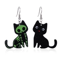 Halloween black cat earrings with green skull pattern and silver hooks on white background - 24.Black Cat with Skeleton Pattern Earrings