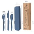 Blue wheat straw 3-piece cutlery set with storage box and dimensions labels - Dark Blue / With Kraft Box