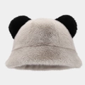 Detail of plush bucket hat featuring fuzzy panda ears and soft faux fur texture - One Size / Light Gray