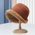 Brown and beige plush bear-style winter bucket hat with faux fur trim for women - Mongolian Hat-Brick Red