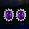Elegant silver stud earring featuring an oval purple gemstone with a white diamond halo - Purple Diamond Pair Price [with Earplugs] Tz-18