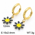 Golden daisy hoop earrings with yellow floral charms and precise size specifications - Gold Black Yellow Daisy Earrings (KE112901-HF)
