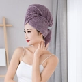 Detail of purple coral fleece hair drying towel showing soft texture on a female model - 60*100cm / Dark Purple