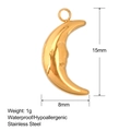Macro view of golden stainless steel moon pendant with detailed 15mm by 8mm dimensions - SS0032 Gold Crescent Moon