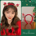 Red plush reindeer antler headband with gold sequins, bells, and white fur balls - 17# White Fur Ball Bell - Red Antlers