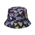 Close-up of geometric pattern and mixed animal prints on a black bucket hat - Colorful Animal Texture Patchwork (C)