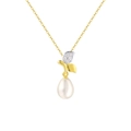 Elegant gold chain necklace featuring bicolor leaves and a white pear-shaped pearl - Gold Double Leaf Pearl Pendant(GPN43-14K)