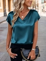 Elegante blusa de satén verde pavo real con cuello en V y manga corta para mujer con brillo - Verde