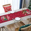 Detail of red and black plaid Christmas table runner with retro truck and festive pine trees - Style 7