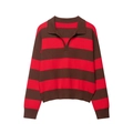 Detailed macro view of the striped knit Polo collar and the classic V-neck opening - S / Red and Brown