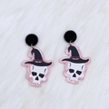 Halloween acrylic earrings featuring white skulls wearing purple witch hats for women - Magic Hat Skull
