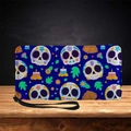 Blue PU leather long wallet with sugar skull and floral patterns including a wrist strap - Dark Blue Art Skull