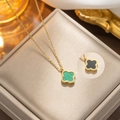 Golden clover pendant necklace with green malachite and black shell variant options - 8807 Gold Black Green