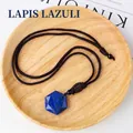 Hexagonal lapis lazuli pendant with gold flecks on brown hand-woven cord necklace - 2.5cm Hexagram Lapis Lazuli Pendant