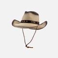 Gradient beige and grey woven cowboy straw hat with studded brown leather band - One Size / Beige-Black