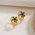 Detail of gold floral hoop earrings featuring vibrant green petals and central stone - Olive Green (YH501)