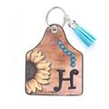 Western style leather cow tag keychain with sunflower, blue tassel and letter H - Letter H