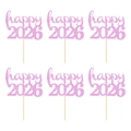 Lot de 6 décorations de gâteau roses pailletées Happy 2026 pour le Nouvel An - happy 2026 / Lot de 6 / Rose