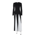 Detail view of contrast color long sleeve dress with waist tie and A-line skirt - S / Black