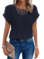 Detail of navy blue short sleeve top featuring intricate hollow lace stitching and knit texture - S / Tops / Navy Blue