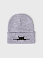 Detailed close-up of embroidered black cat on light grey knitted beanie cap - One Size / Light Heather Grey