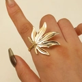 18K gold plated stainless steel open ring featuring a bold polished leaf design - Gold Large Leaf Style (9390)