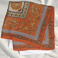 Orange square silk scarf with gold baroque pattern and Greek meander border design - Totem Orange Handkerchief / 65