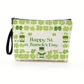 Linen St. Patrick's Day makeup bag featuring green clovers and leprechaun patterns - Shamrock & Festive Greeting Design (Style 2)