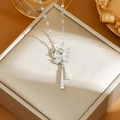 Silver butterfly necklace with 18k zircon fringe pendants and layered tassel chain - Silver Tassel Butterfly