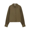 Camisa de popelina verde oliva para mujer con mangas abullonadas plisadas y cuello de pico - XS / Marrón